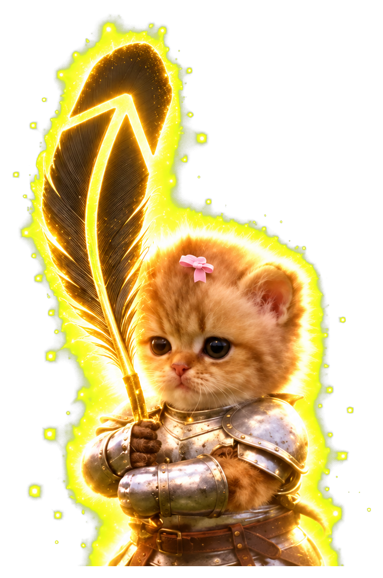 Armored orange kitten holding a glowing black feather